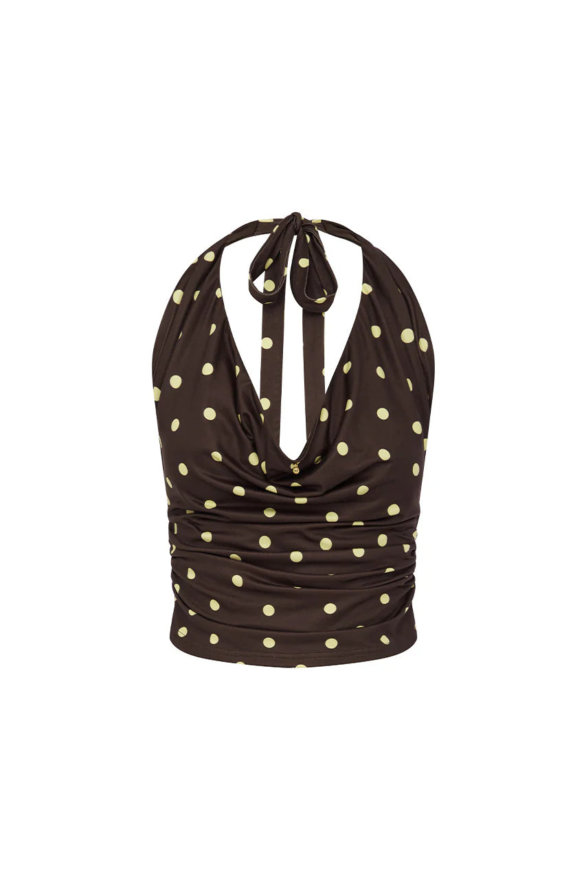 Runaway The Label - Melody Halter Cowl Top in Choc/lemon Polka
