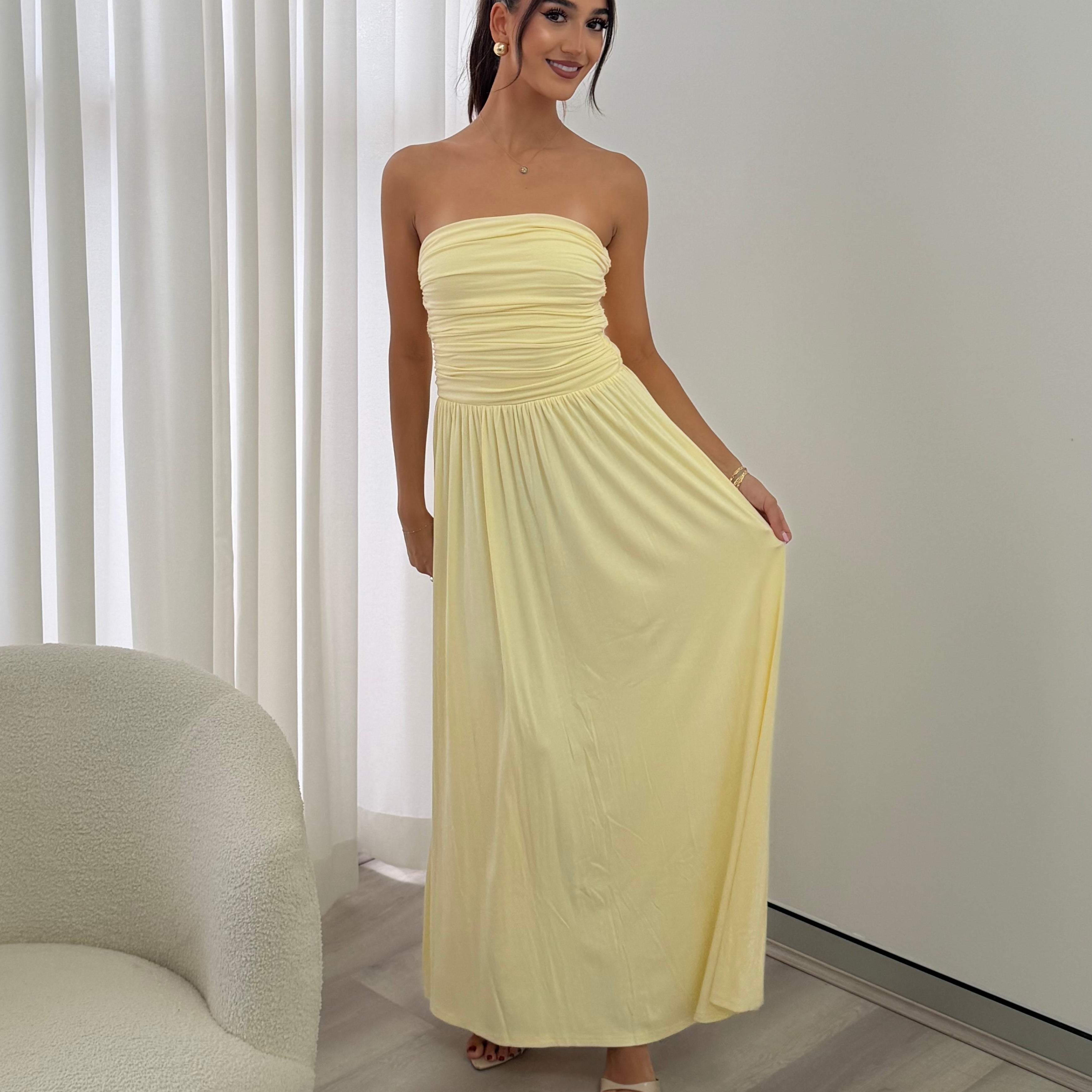 Malone Ruched Strapless Maxi Dress in Lemon
