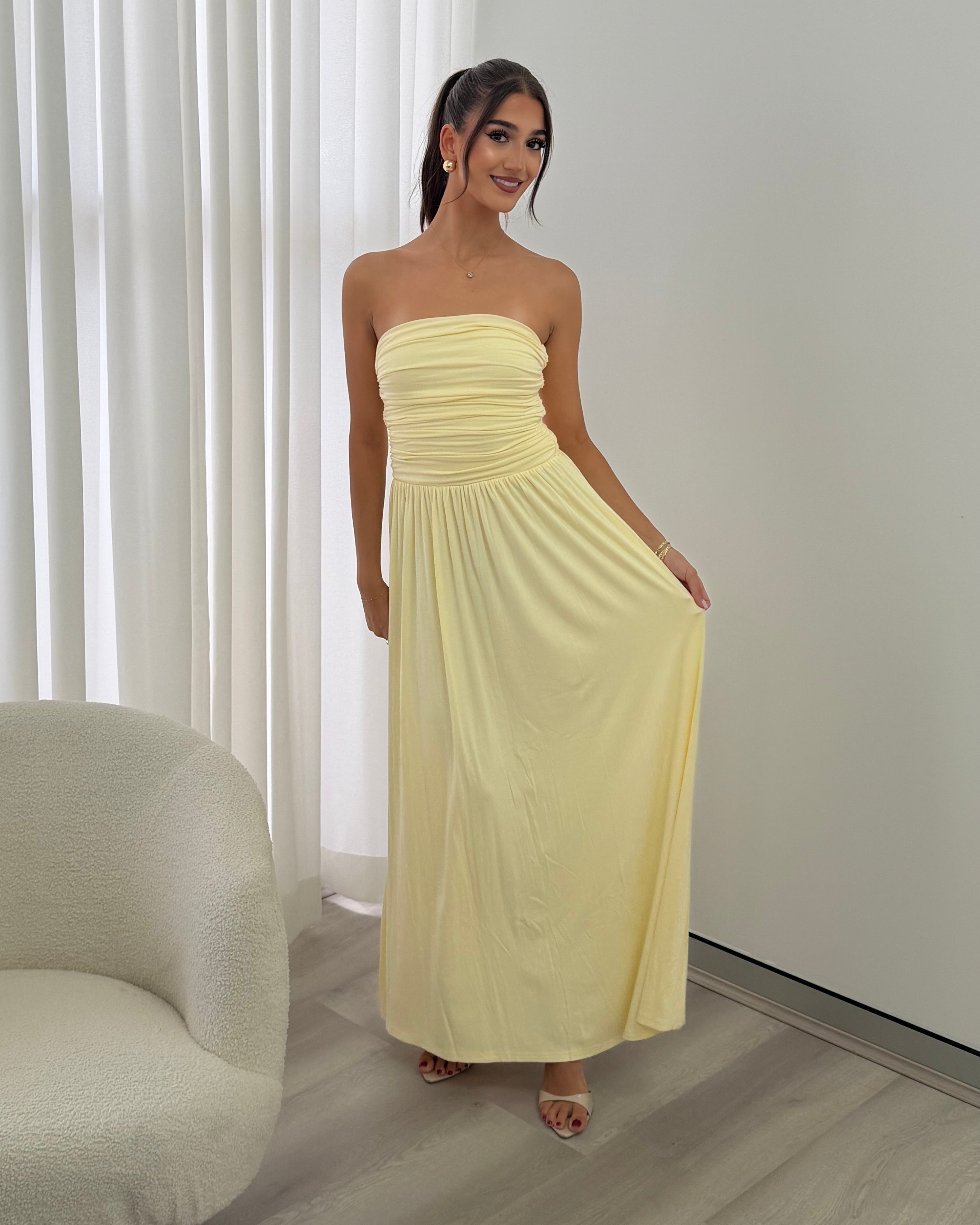 Malone Ruched Strapless Maxi Dress in Lemon
