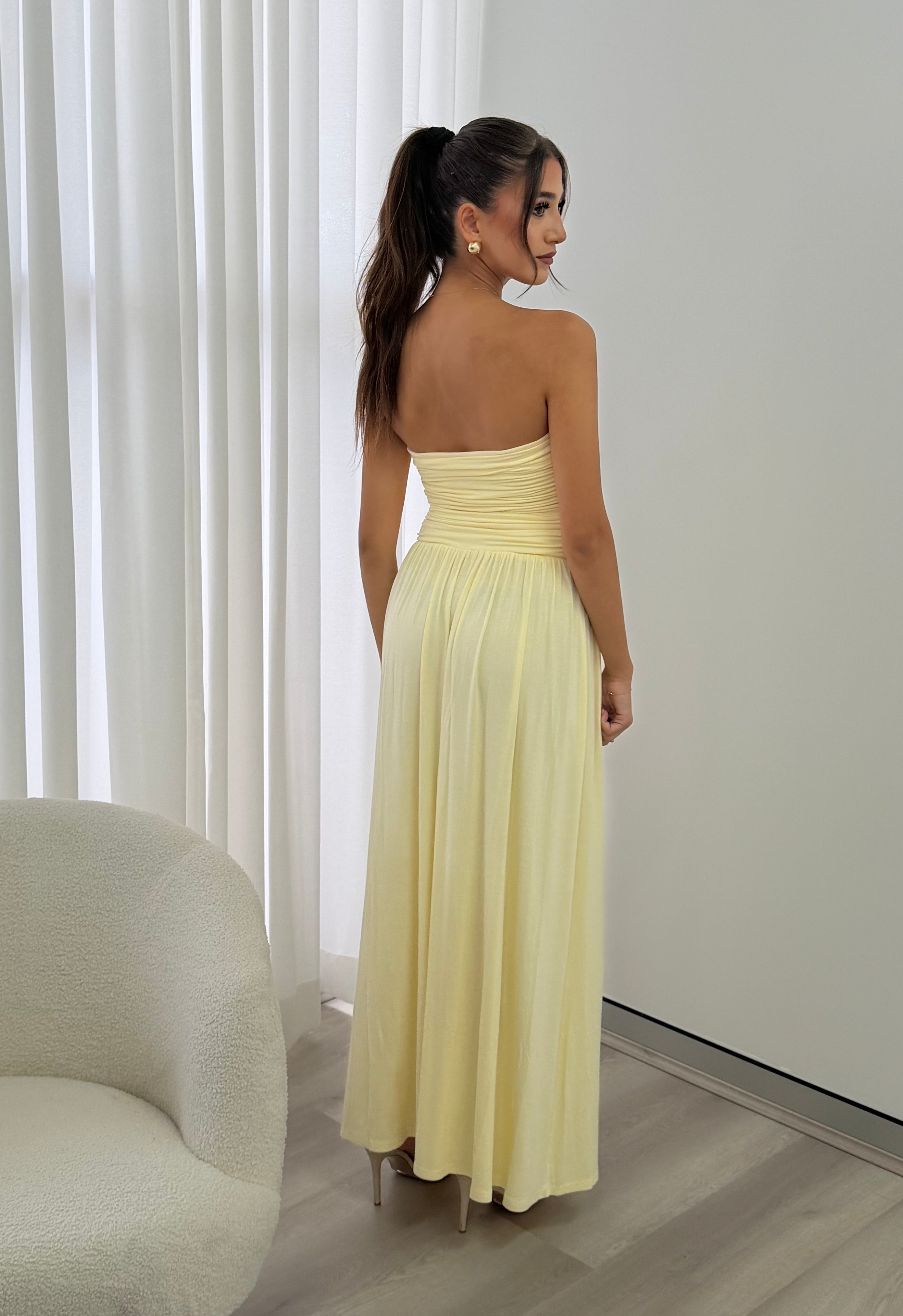 Malone Ruched Strapless Maxi Dress in Lemon