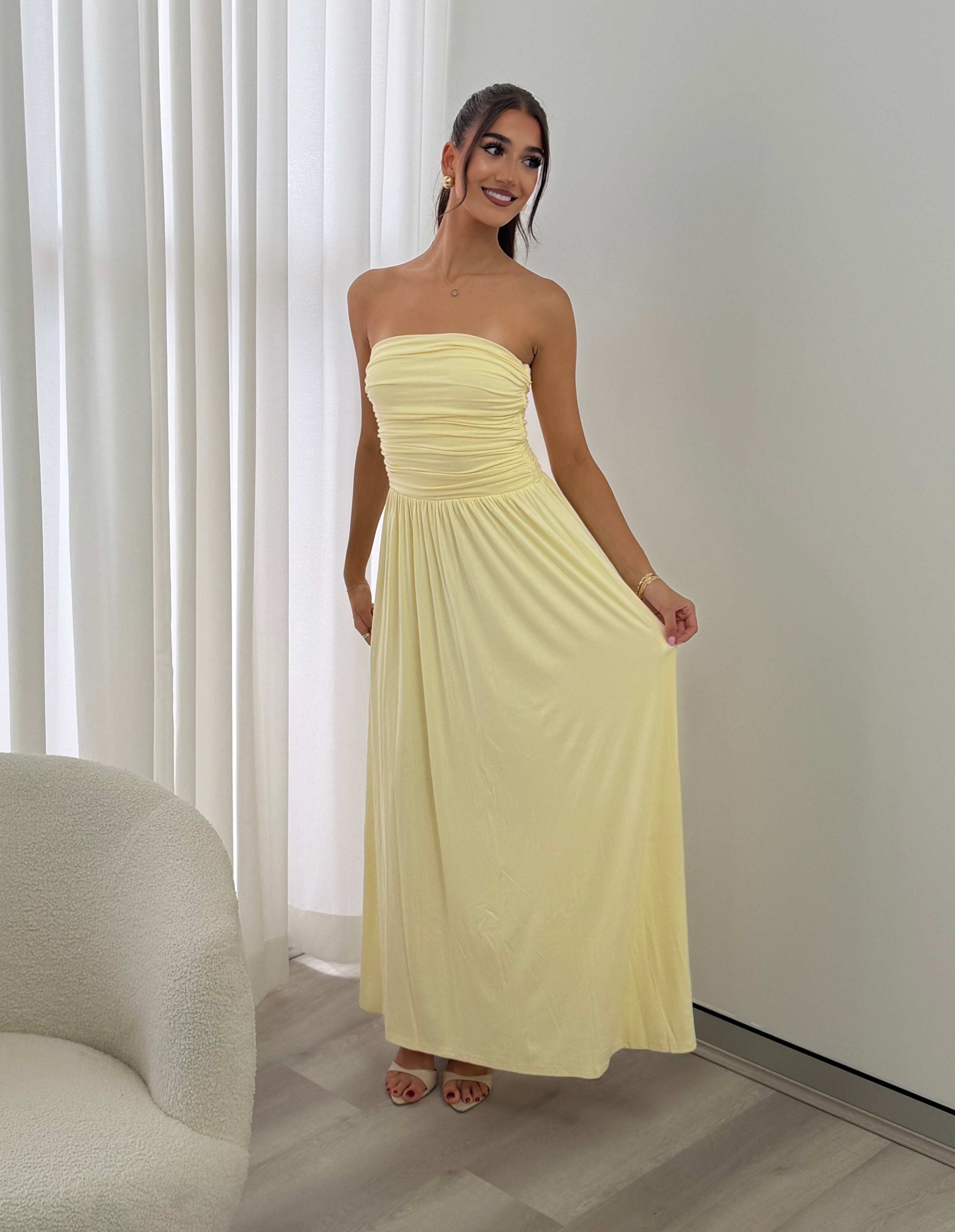 Malone Ruched Strapless Maxi Dress in Lemon