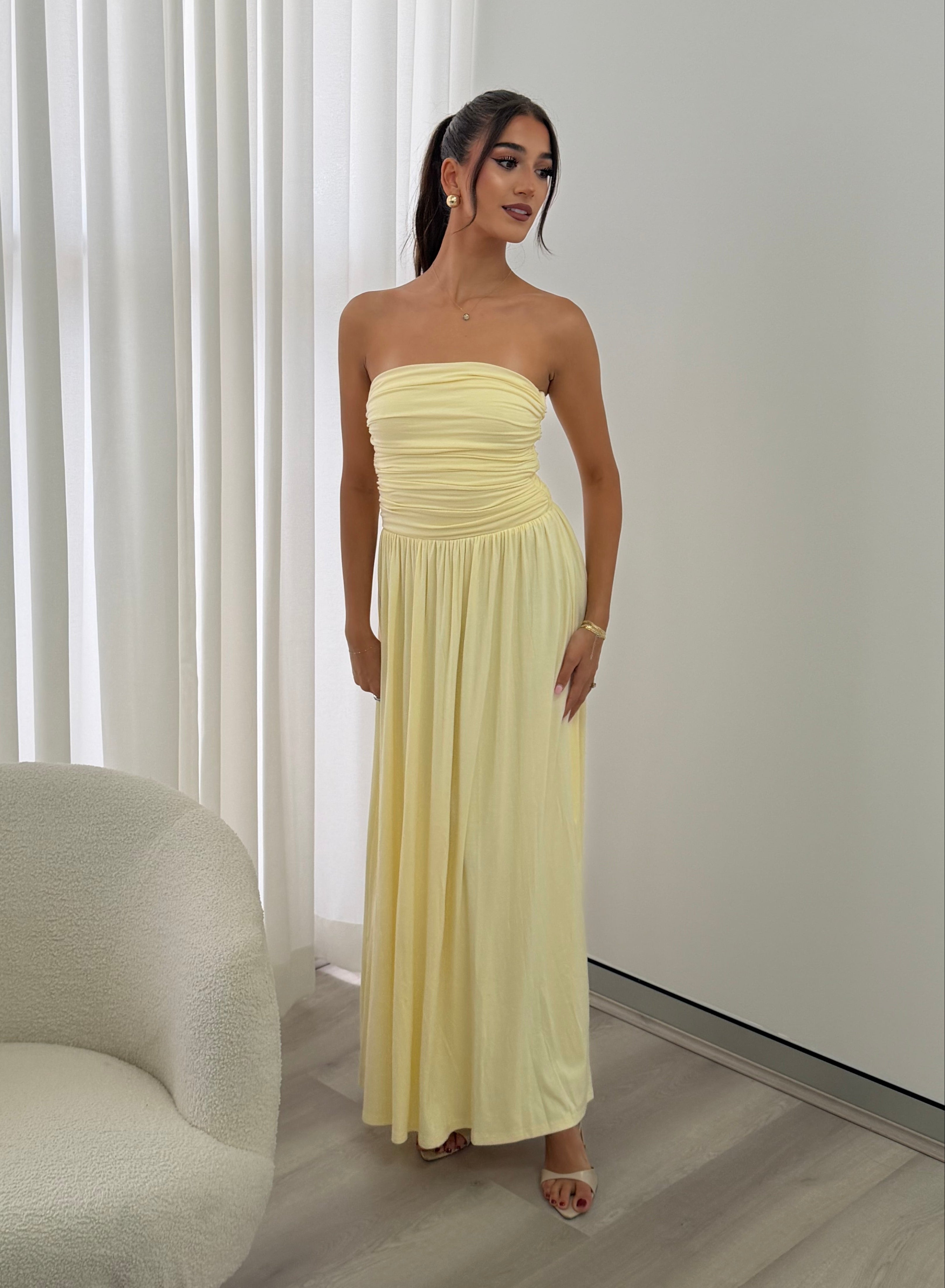Malone Ruched Strapless Maxi Dress in Lemon