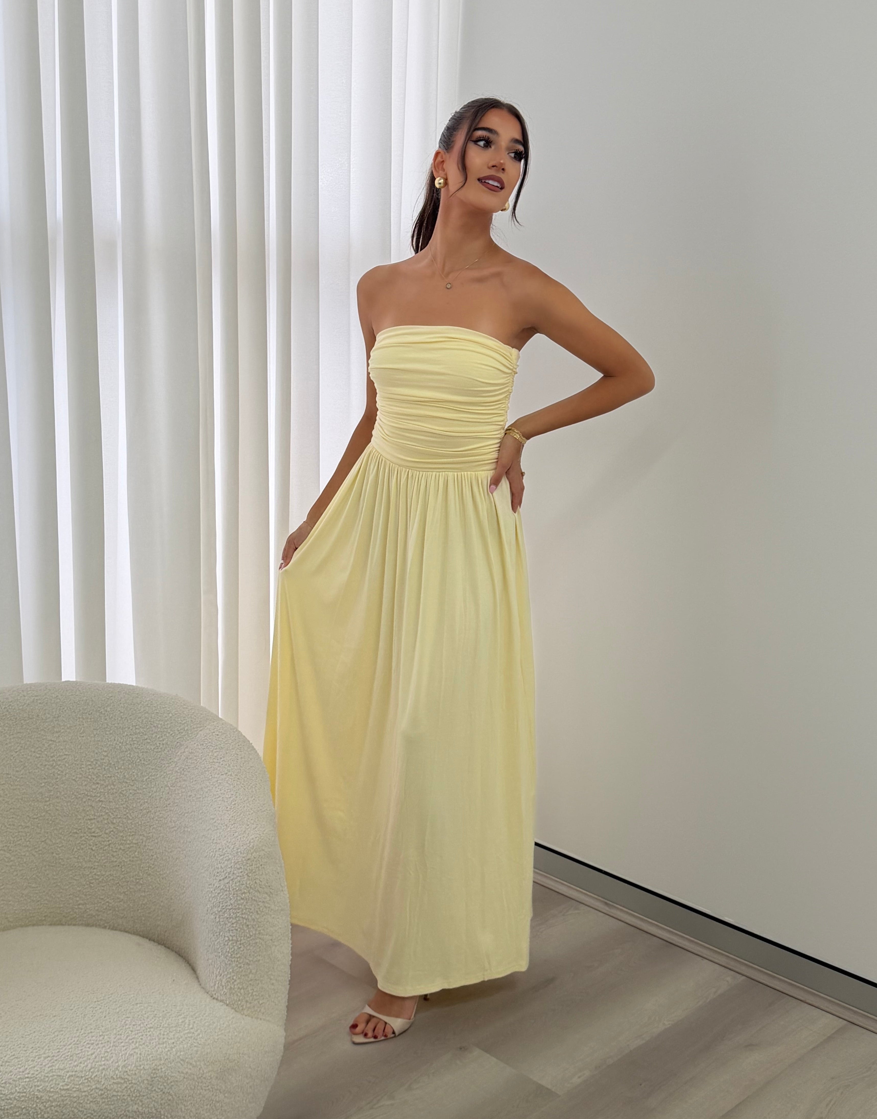 Malone Ruched Strapless Maxi Dress in Lemon