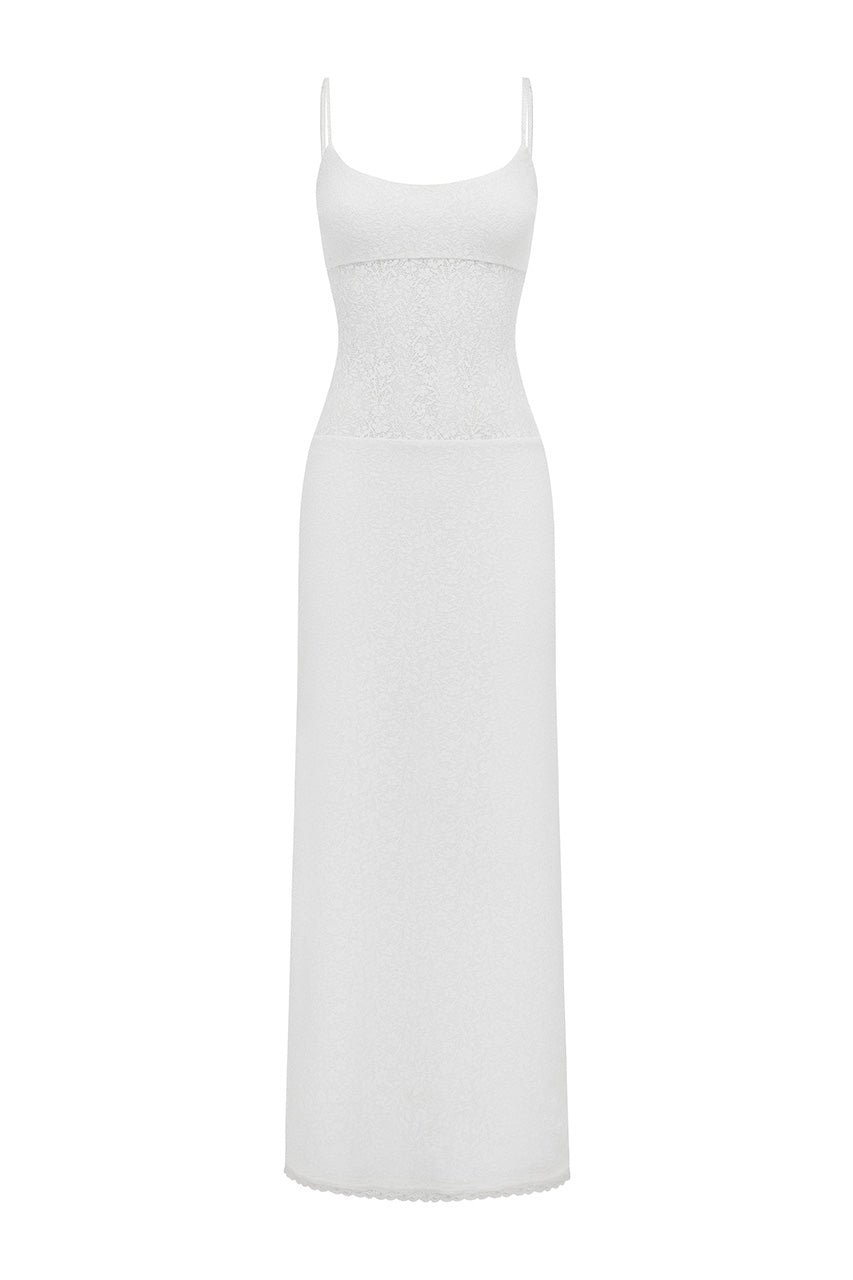 Natalie Scoop Lace Maxi Dress in White by Runaway The Label | Winsome Girl Fashion