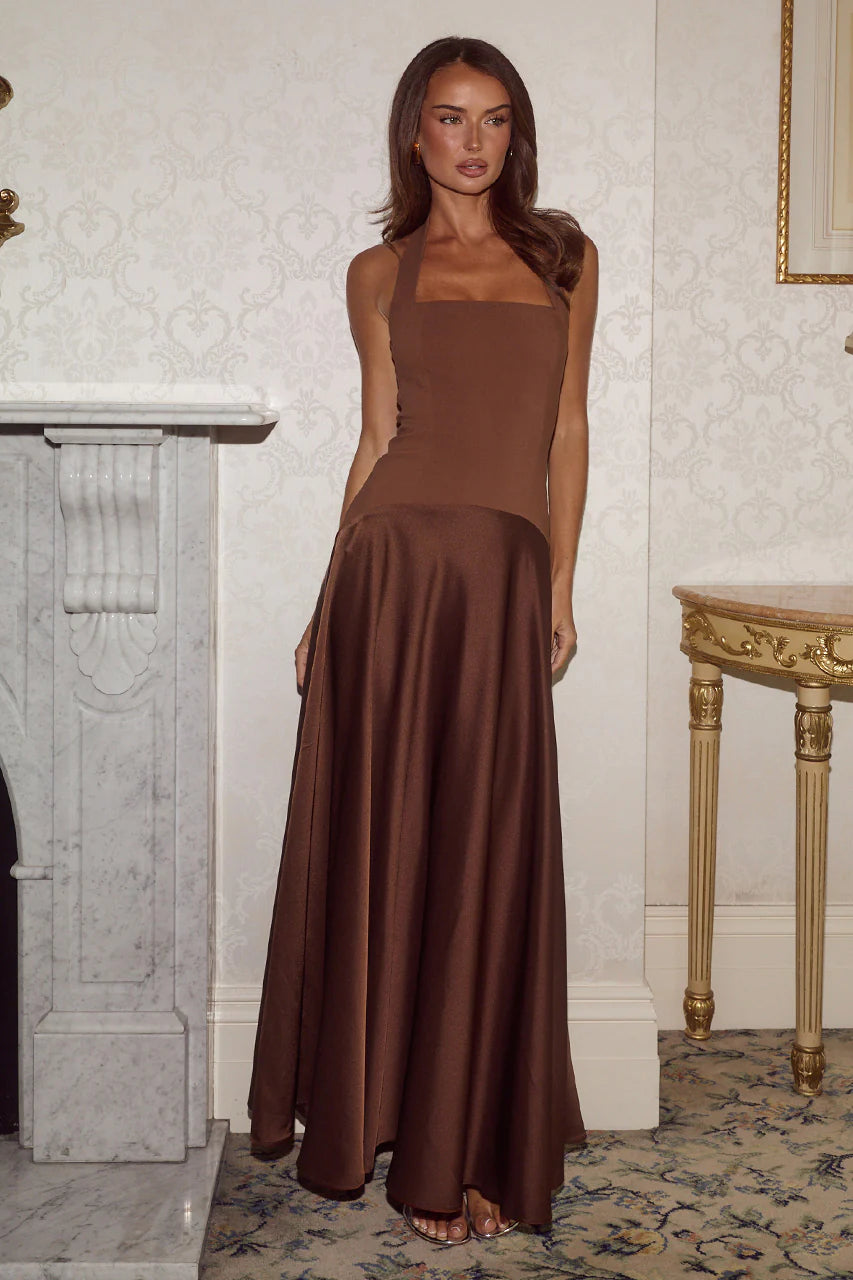 Odina Square Neck Maxi Dress in Chocolate by Runaway The Label | Winsome Girl