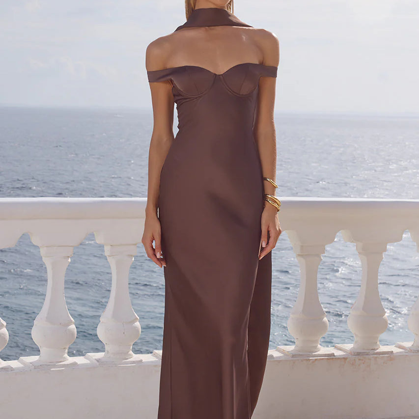 Raphaella Off Shoulder Maxi Dress in Bitter Chocolate