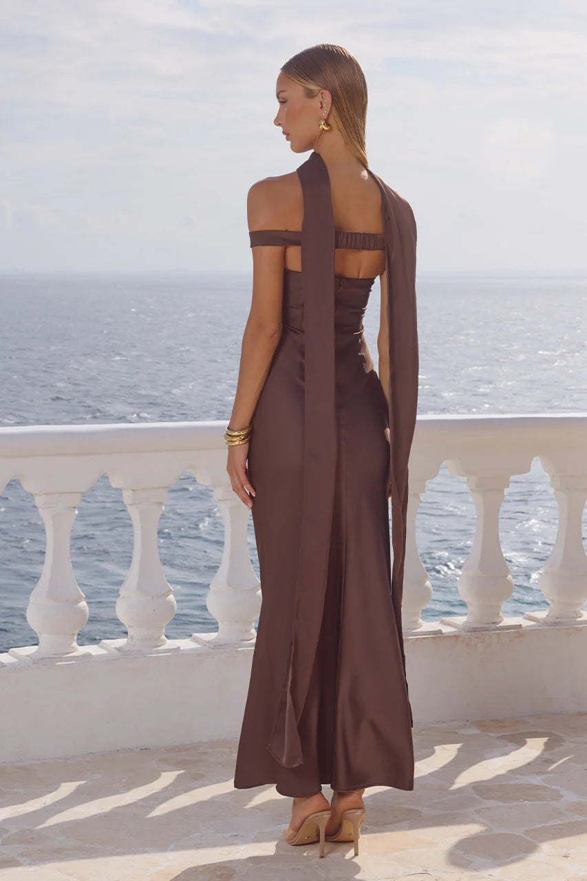 Raphaella Off Shoulder Maxi Dress in Bitter Chocolate