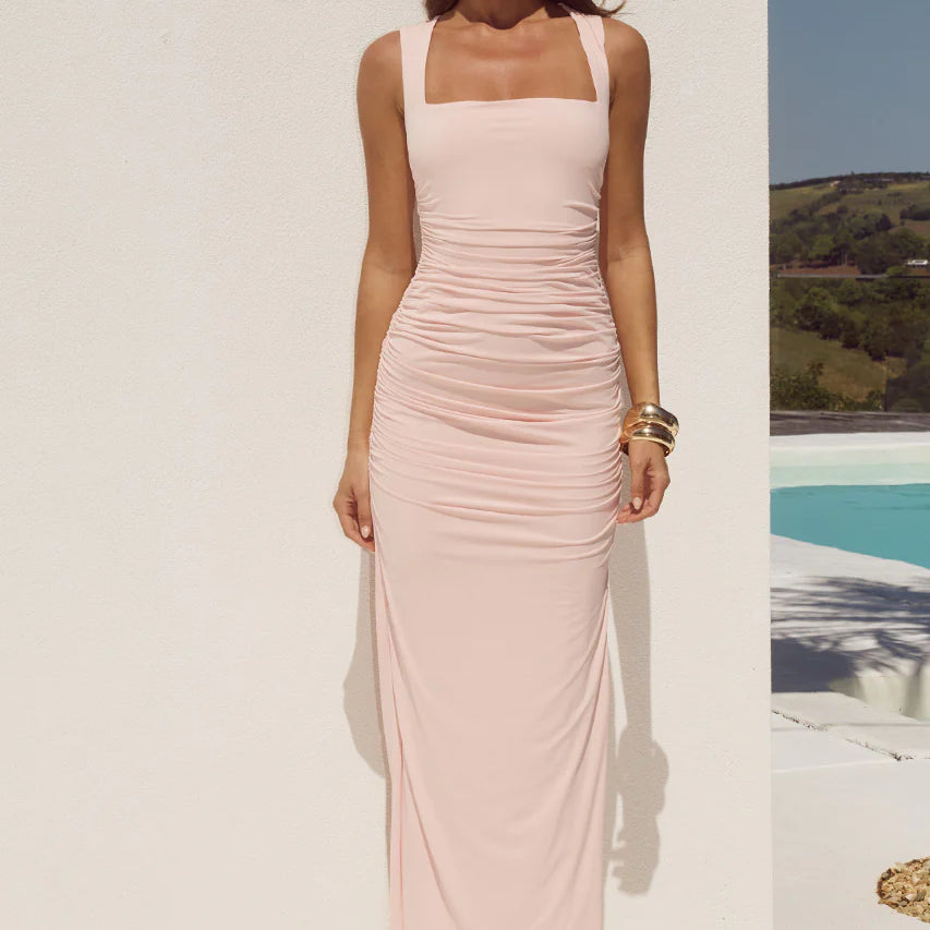 Runaway The Label - Sharni Ruched Midi Dress in Pink