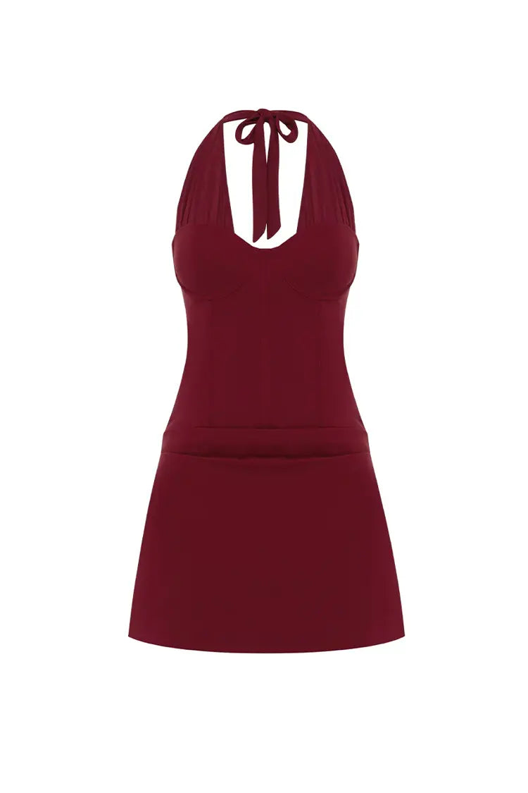 Sabrine Mini Dress Corset Tie Halter Neckline in Cherry │ Winsome Girl Fashion