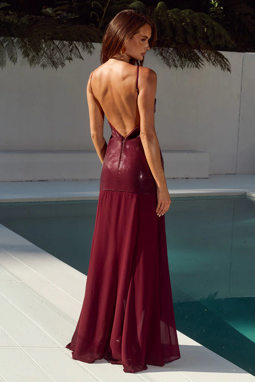 Runaway The Label - Tulia Low Back Maxi Dress in Wine