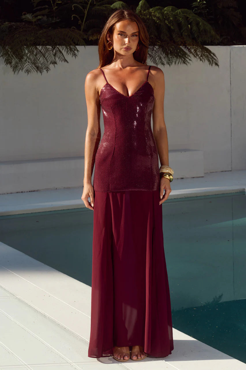 Runaway The Label - Tulia Low Back Maxi Dress in Wine