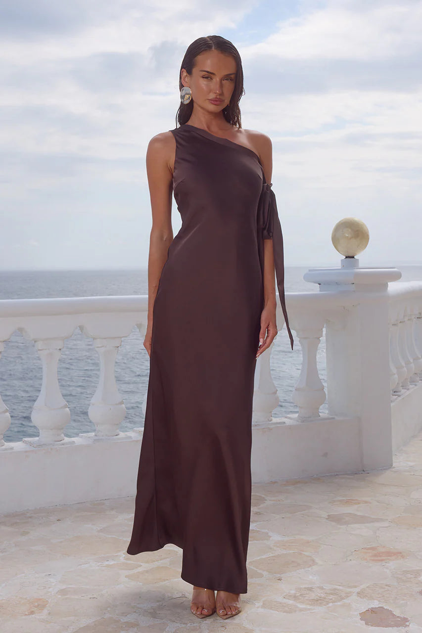 Viola One Shoulder Maxi Dress in Bitter Chocolate