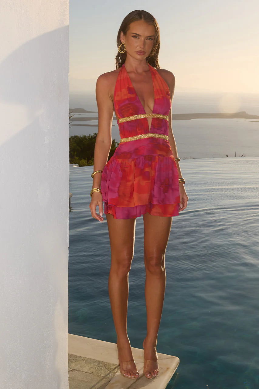 Xylia Halter Low Plunge Mini Dress in Suri Orange