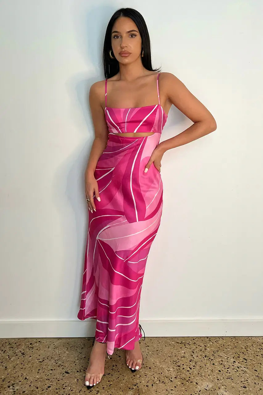 Runaway Rowena Slip Dress Pink Leaf