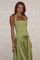 Odina Maxi Dress Square Neckline Contrast Satin Skirt in Palm | Winsome Girl
