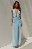 Adrianna Plunge Ruched Maxi Dress in Aqua