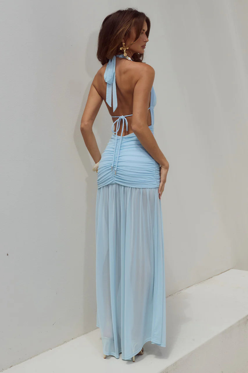 Adrianna Plunge Ruched Maxi Dress in Aqua