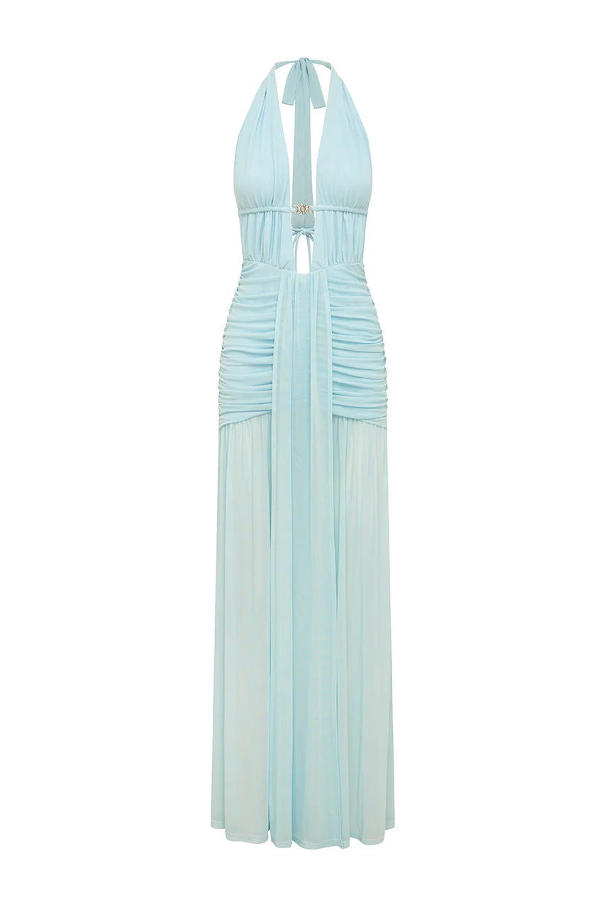 Runaway The Label - Adrianna Plunge Ruched Maxi Dress in Aqua