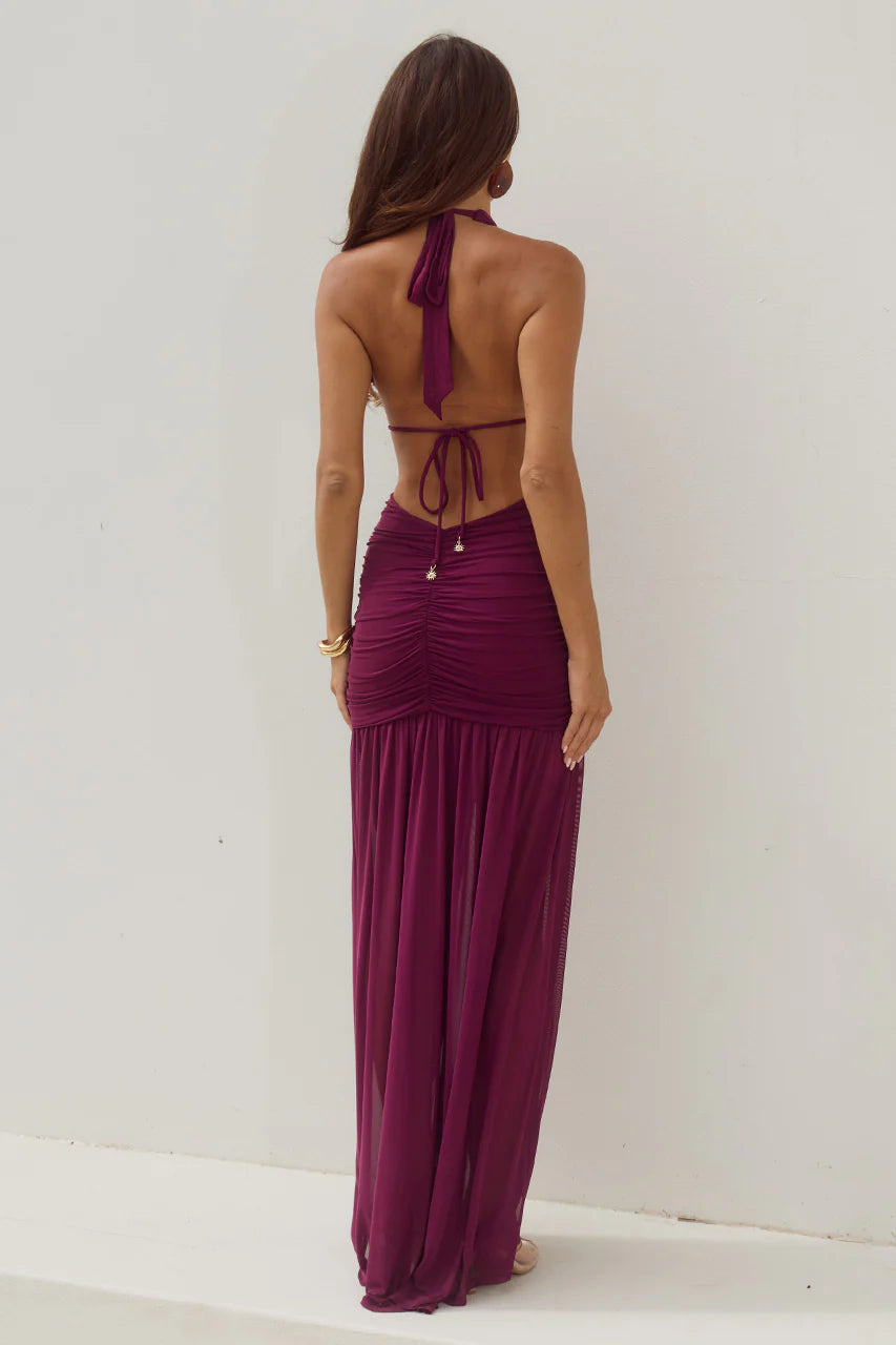  Adrianna Plunge Ruched Maxi Dress in Plum