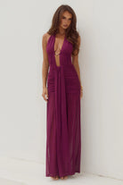 Adrianna Plunge Ruched Maxi Dress in Plum