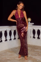 Alyssia Deep-v Maxi Dress in Cherry