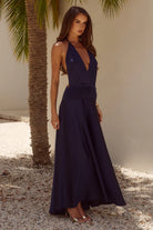 Runaway The Label - Amadine Deep V Plunge Maxi Dress in Navy