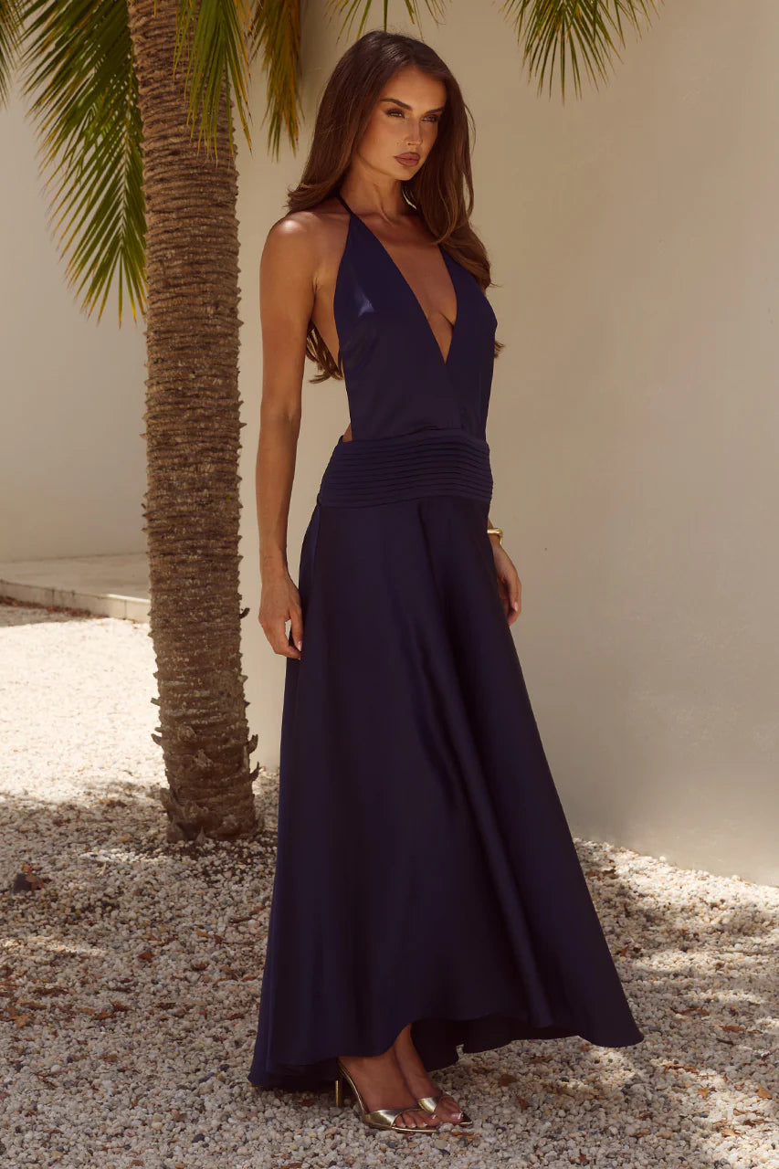 Runaway The Label - Amadine Deep V Plunge Maxi Dress in Navy