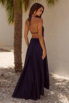 Amadine Deep V Plunge Maxi Dress in Navy