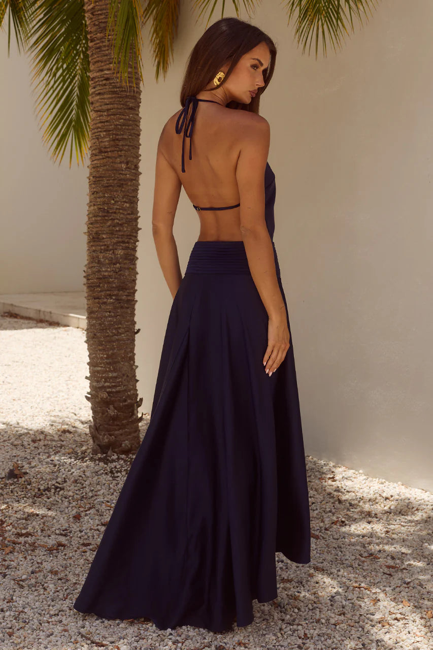 Amadine Deep V Plunge Maxi Dress in Navy