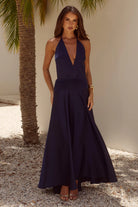 Amadine Deep V Plunge Maxi Dress in Navy