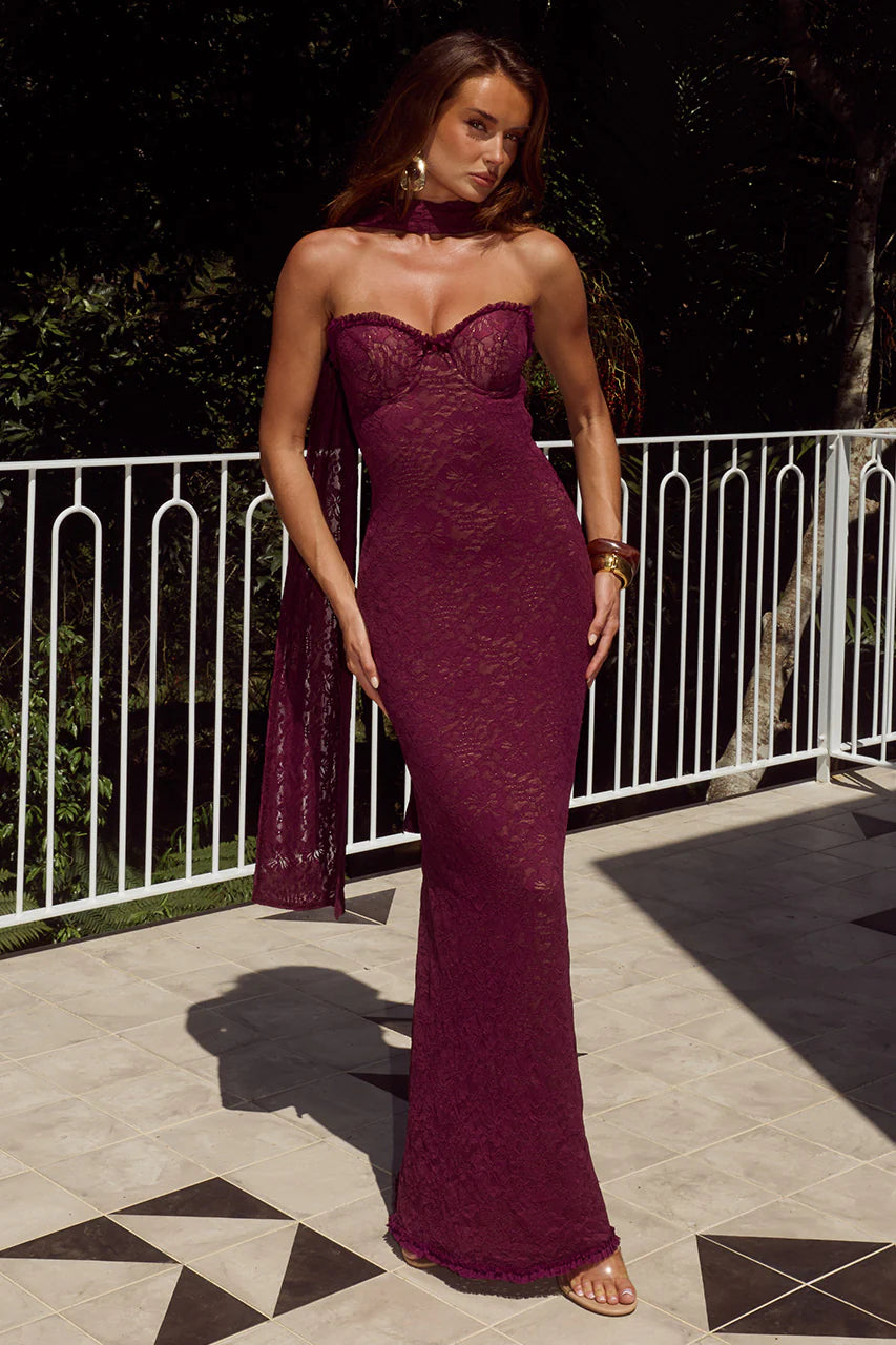 Runaway The Label - Amana Strapless Scarf Maxi Dress in Wine