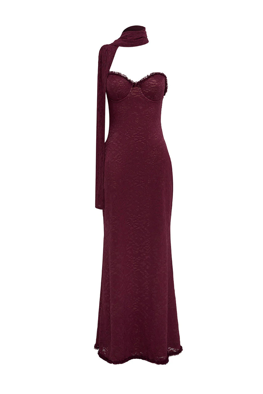 Runaway The Label - Amana Strapless Scarf Maxi Dress in Wine