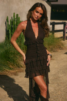 Runaway The Label - Annelise V-neck Ruffle Maxi Dress in Bitter Chocolate