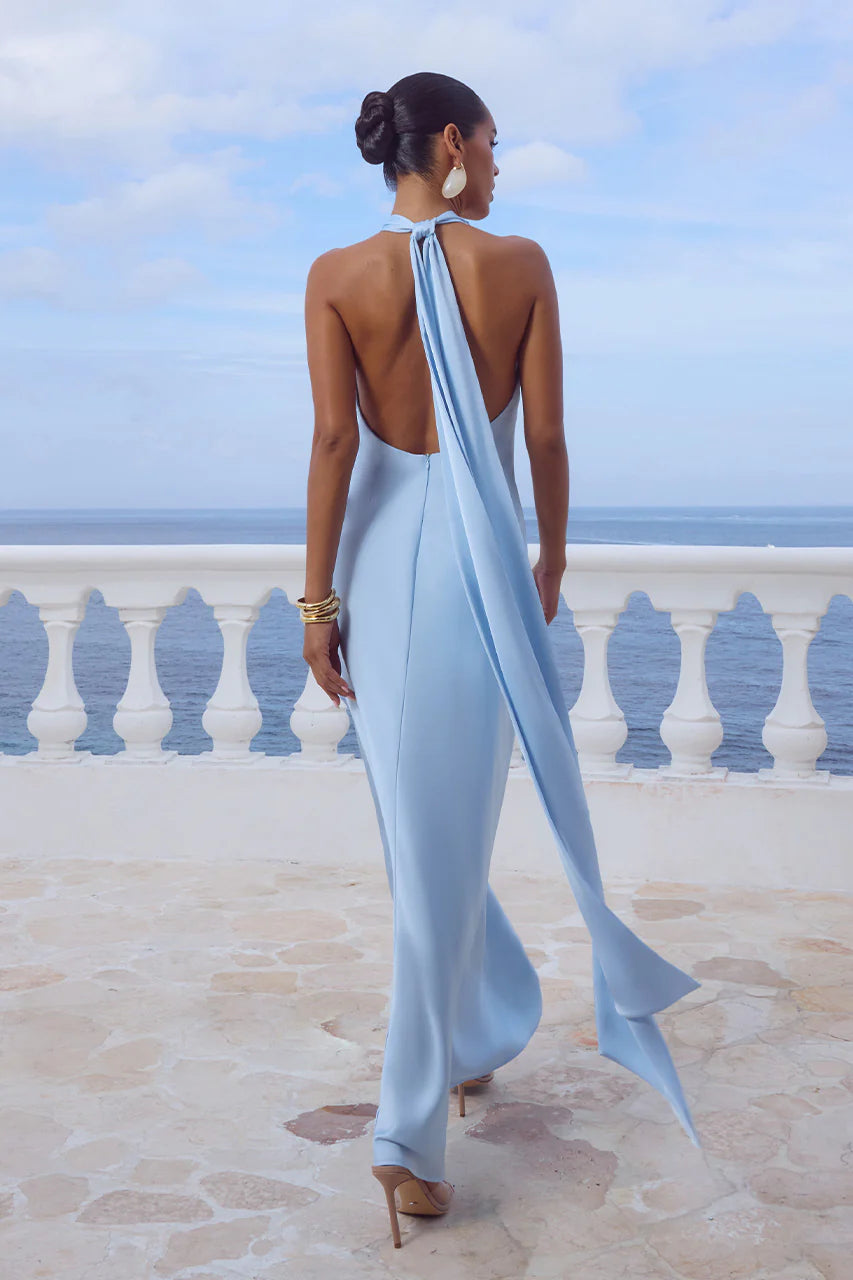 Arabelle High Neck Maxi Dress in Sky Blue