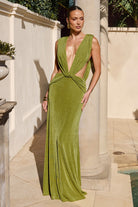 Aralia Plunge Cowl Back Maxi Dress in Palm by Runaway The Label | Winsome Girl Fashion 