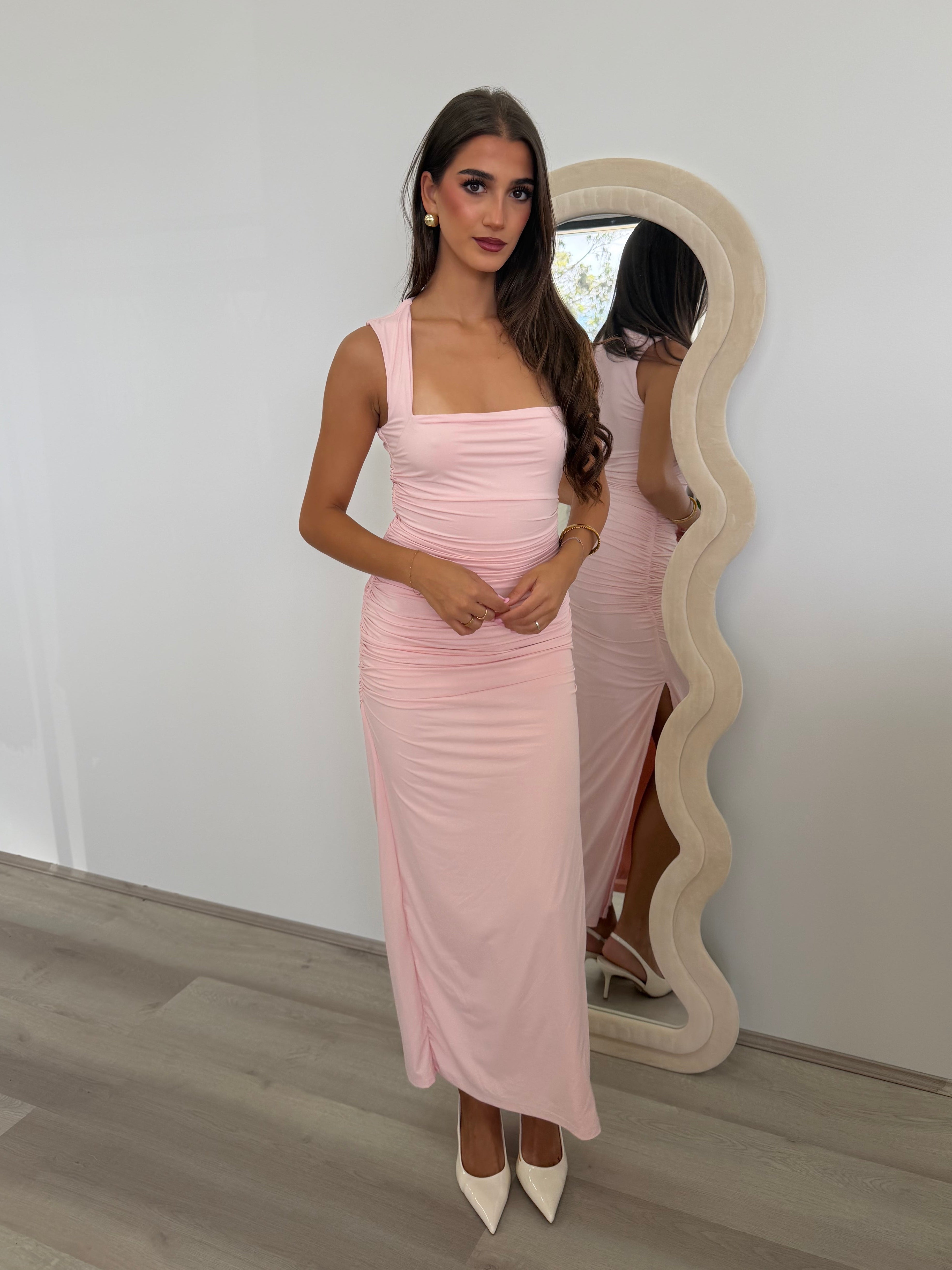  Sharni Ruched Midi Dress in Pink
