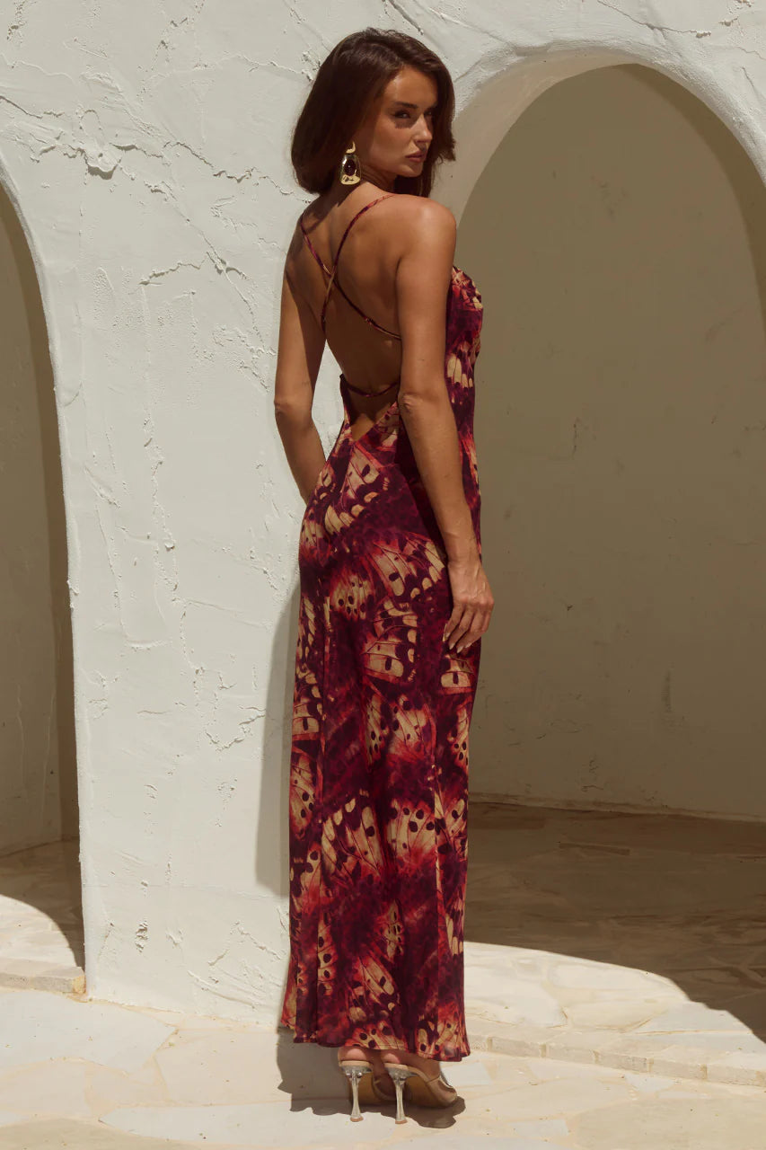 Runaway The Label - Benito Cowl Cross Back Maxi Dress in Eliana Red