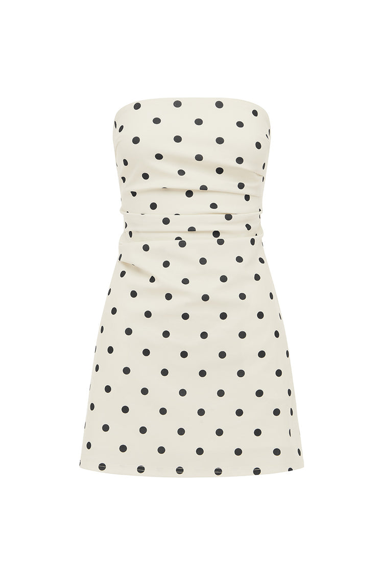 Cairo Strapless Mini Dress in White/Black Polka flat lay