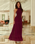 Caliana High Neck Maxi Dress in Plum by Runaway The Label | Winsome Girl Fashion 