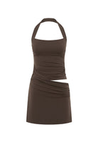 Cedar Halter Cutout Mini Dress in Bitter Chocolate by Runaway The Label | Winsome Girl Fashion 