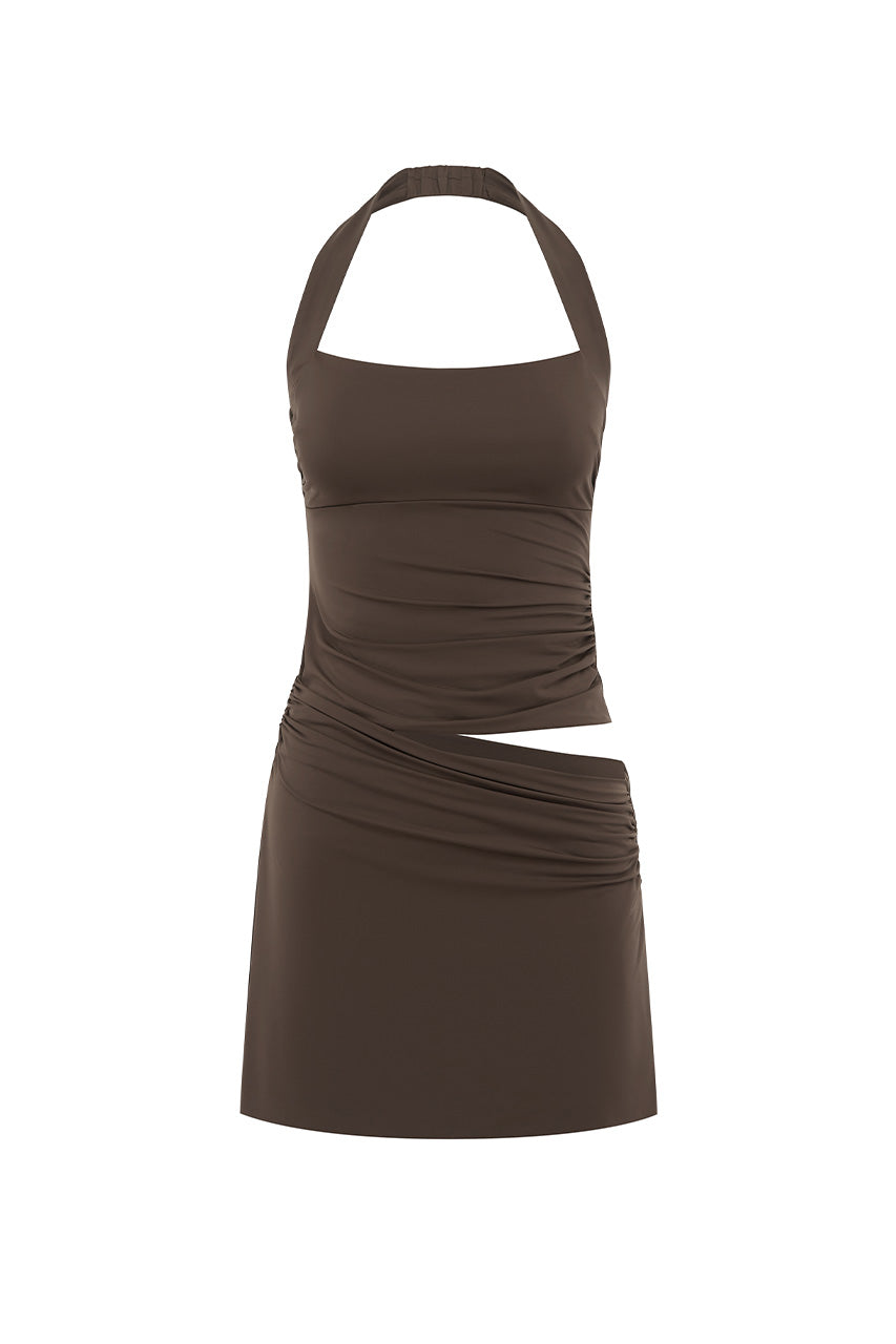 Cedar Halter Cutout Mini Dress in Bitter Chocolate by Runaway The Label | Winsome Girl Fashion 
