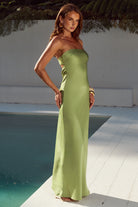 Celeste Strapless Maxi Dress in Olive by Runaway The Label | Winsome Girl Fashion 