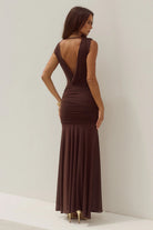 Deserae Low Plunge Maxi Dress in Chocolate