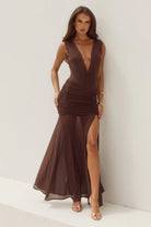 Deserae Low Plunge Maxi Dress in Chocolate