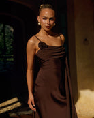 Elara Maxi Dress Flowing Skirt in Chocolate Side Profile | Winsome Girl Fashion
