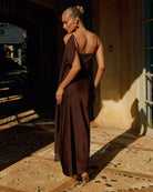 Elara Cowl Maxi Dress in Chocolate Back View | Winsome Girl Fashion