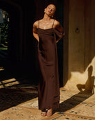 Elara Cowl Maxi Dress in Chocolate by Runaway The Label | Winsome Girl Fashion