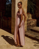 Elara Maxi Dress Flowing Skirt in Pink Side Profile | Winsome Girl Fashion