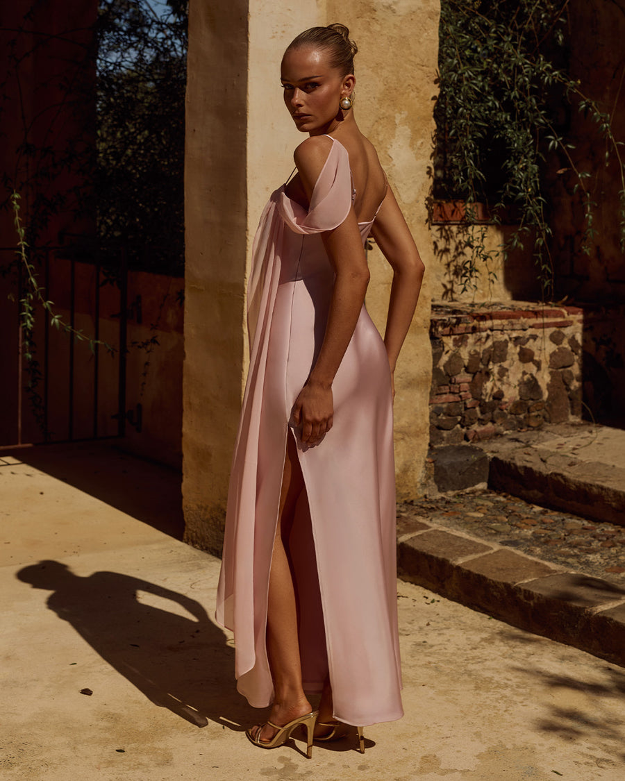 Elara Maxi Dress Flowing Skirt in Pink Side Profile | Winsome Girl Fashion