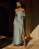 Runaway The Label Elara Maxi Dress Sage Draped Cowl Neckline | Winsome Girl Fashion